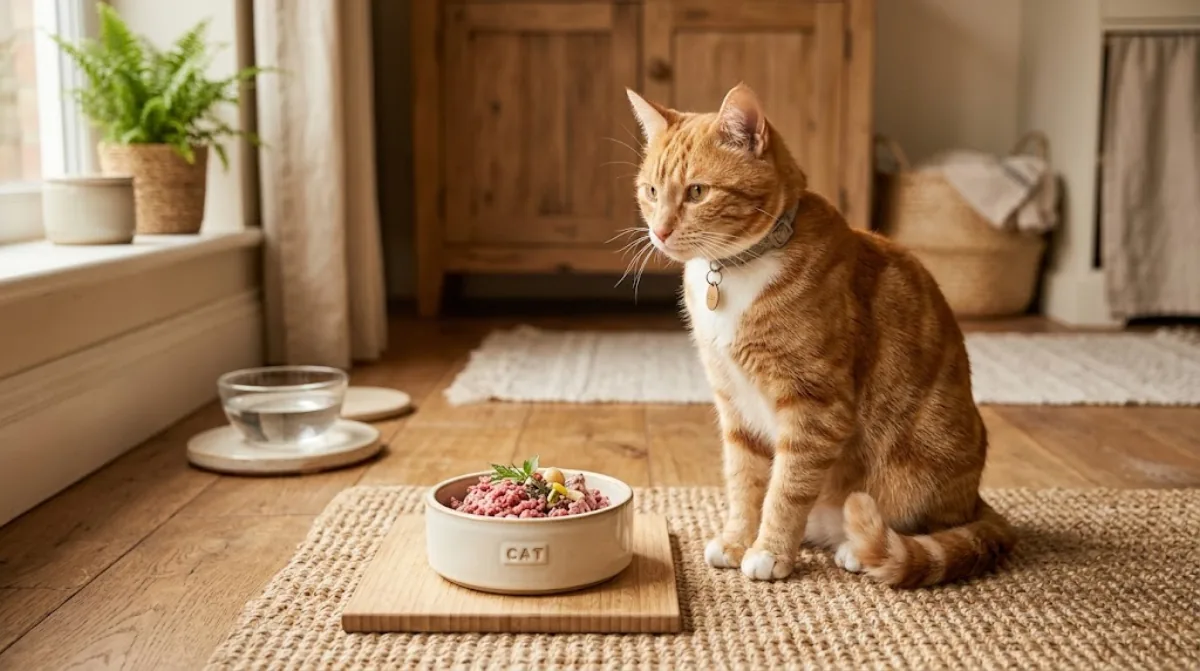 Calm healthy cat beside a simple food bowl in warm natural light — the patient, methodical work of an 8–12 week elimination protocol
