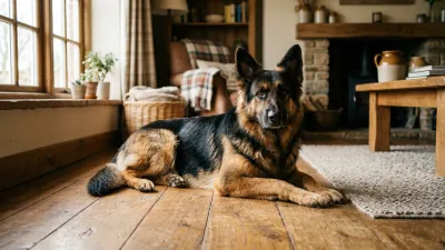 A healthy adult German Shepherd lying calmly on a warm-toned wooden floor in soft natural daylight, ears alert and coat glossy