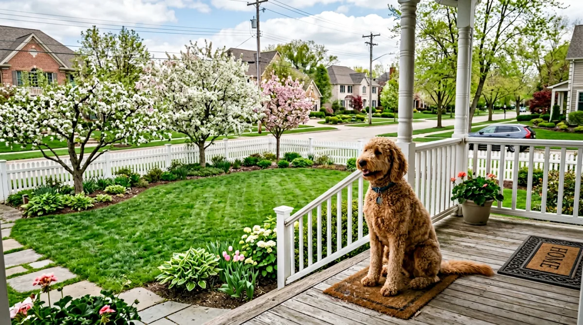 Healthy apricot Goldendoodle with a curly coat resting in a sunlit garden setting