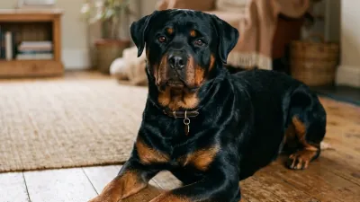 A healthy, calm adult Rottweiler lying on a warm-toned wooden floor in soft natural daylight, glossy black-and-tan coat, alert but relaxed expression